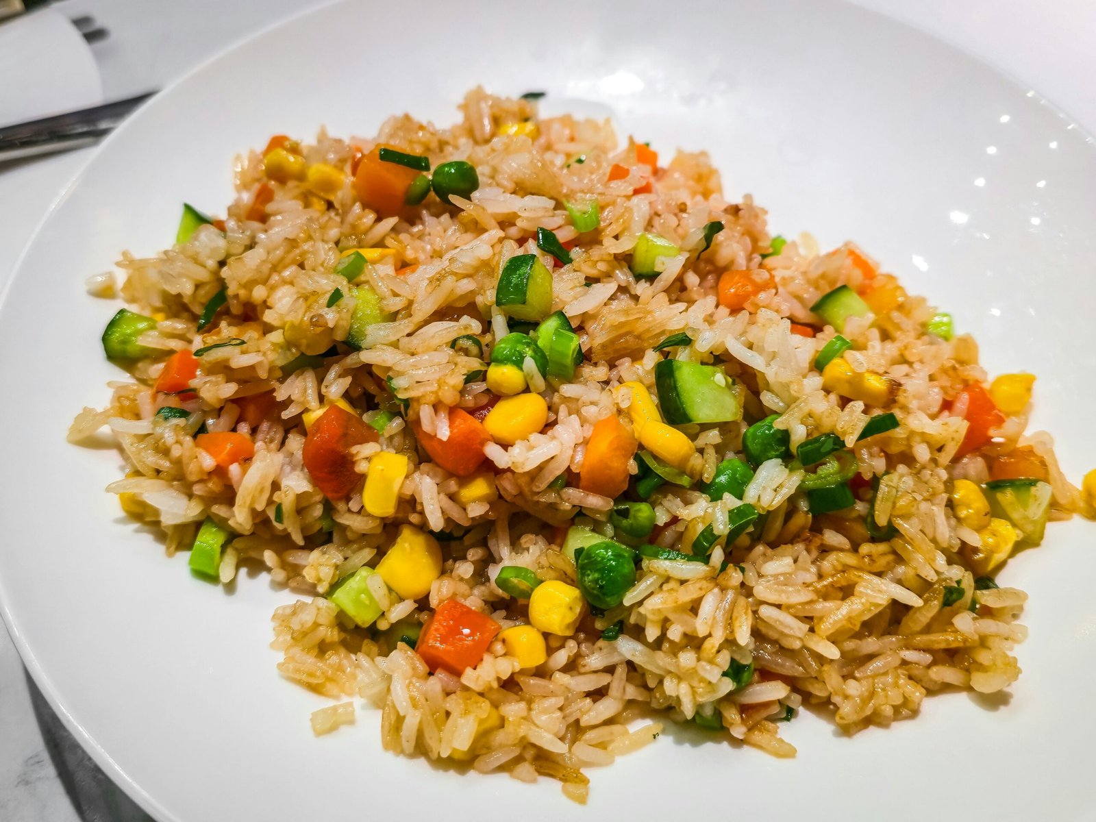 Bowl of fried rice with fresh vegetables